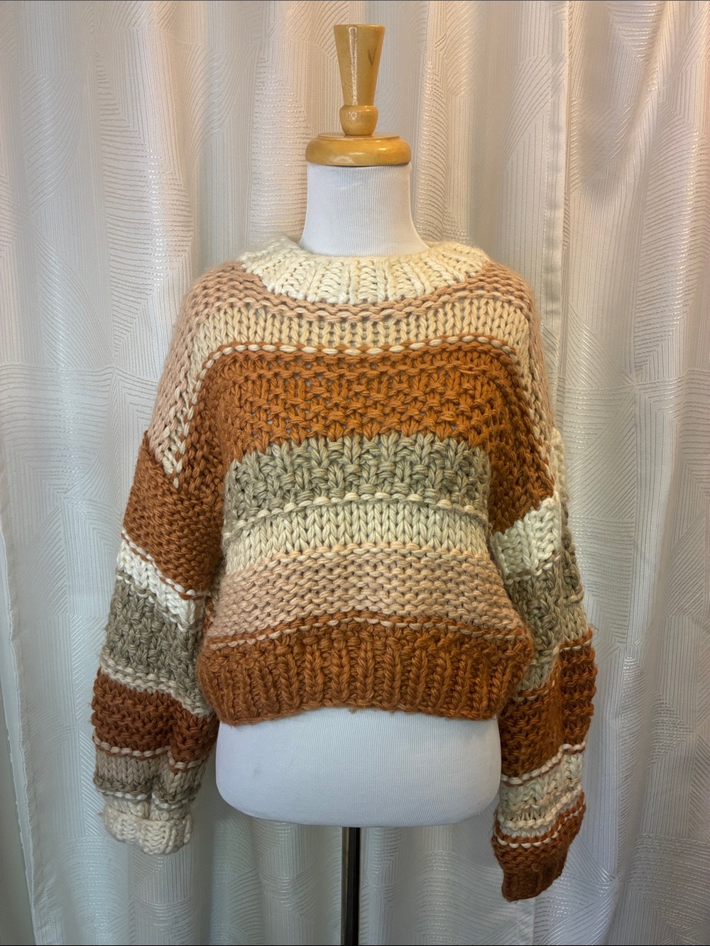 Sadie & Sage Chunky Striped Scoop Neck Sweater - Rust, Cream & Taupe